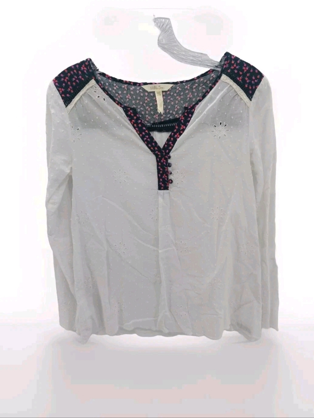 Matilda Jane white blouse with cherry print collar and button up front. Size: XS